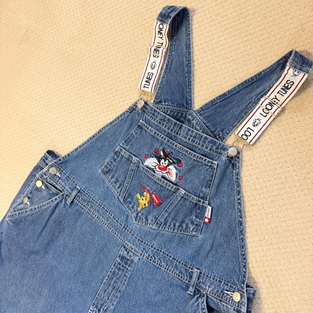 Vintage Looney Tunes Overalls 90s Womens 22/24 Sylvester Tweety Denim Bib Adult - Picture 2 of 16
